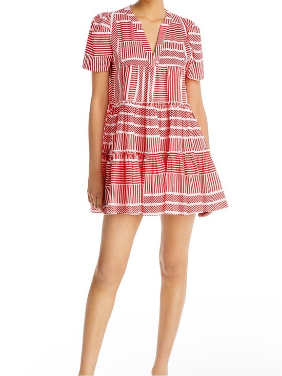 Aqua Dresses & Skirts - Aqua Puff Sleeve Red and White Striped Tiered V-Neck Mini Dress. Pre-Owned.